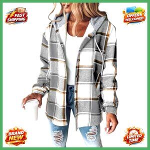 Lightweight Fleece Lined Plaid Shacket Hooded Jacket Women's Casual Coat
